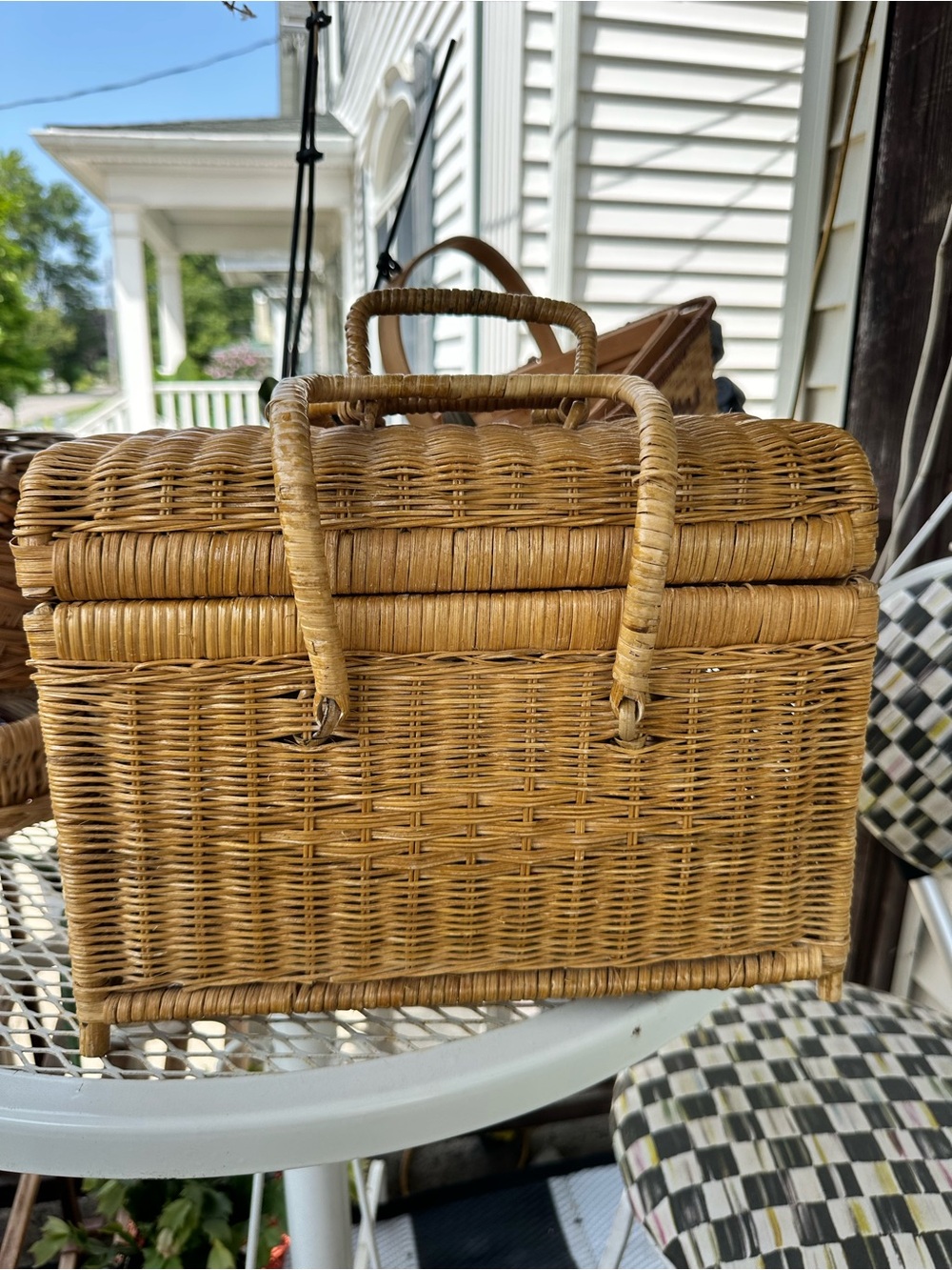 Vintage Wicker Rattan Picnic Basket Suitcase Style Double Handle Boho Cottage